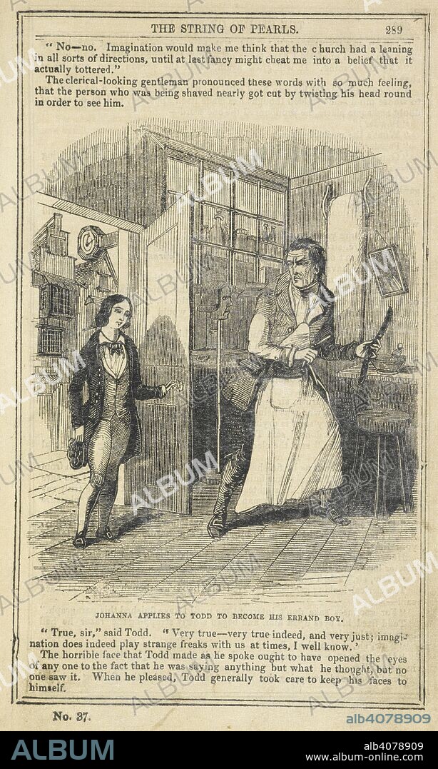 JAMES MALCOM RYMER. 'Johanna applies to Todd to become his errand boy.'. The String of pearls; or, The Barber of Fleet Street. A domestic romance. London :Published by E. Lloyd, Sailsbury Square, Fleet Street , MDCCCL [i.e. 1850]. Source: C.140.d.6 page 289.