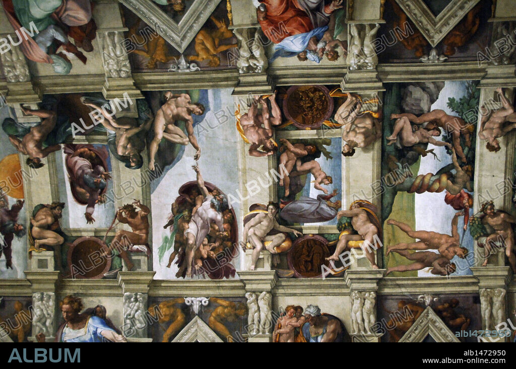 Michelangelo (Michelangelo Buonarroti) (1475-1564). Italian artist. Ceiling of Sistine Chapel. Frescoes. C.1512. Vatican Museums. Vatican City.