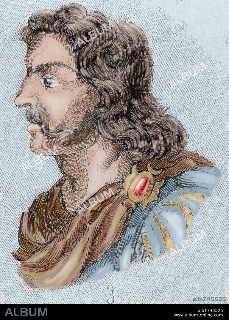 LIUVA I. Rey visigodo (567 a 569). Sucesor de Atanagildo. Fue proclamado rey después de cinco meses de indecisión y de anarquía. Grabado coloreado.