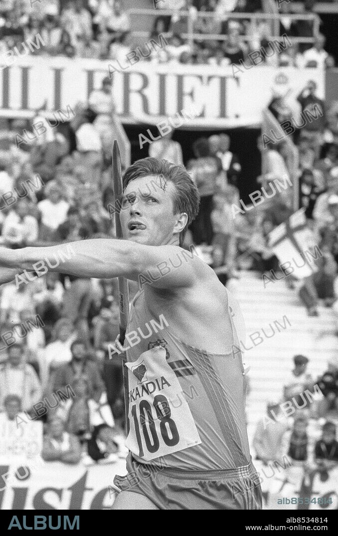 STOCKHOLM 1983-09-04 . Kenth Eldebrink vinner som förste svensk på 23 år finnkampens spjutkastning på svenskt rekord med 91,14 m. Tävlingen avgjordes på Stockholms Stadion.. Foto: Erich Stering / DN / TT / Kod: 57 . **SvD OUT**.