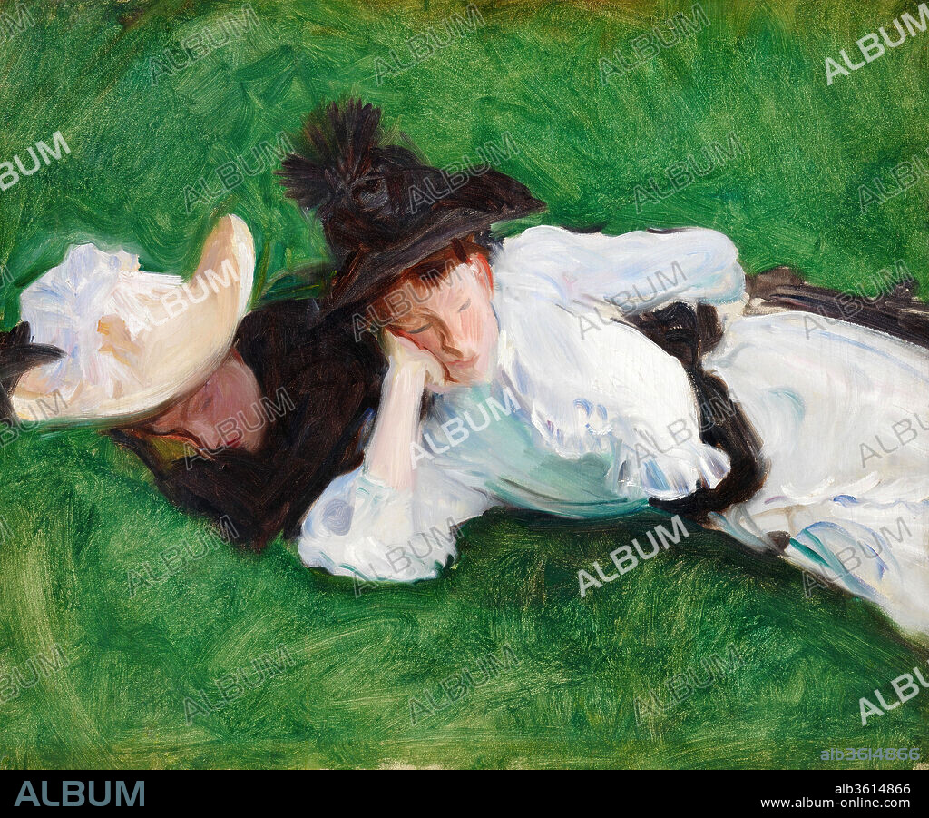 Two Girls on a Lawn. Artist: John Singer Sargent (American, Florence 1856-1925 London). Dimensions: 21 1/8 x 25 1/4 in. (53.7 x 64.1 cm). Date: ca. 1889.
Sargent probably painted this canvas at Fladbury Rectory, an old house he rented in Worcestershire, England, where he was joined by his mother, his sisters, Emily and Violet, and other guests. "V & Katie Vickers" is inscribed in an unknown hand on the tacking edge of the canvas. "V" presumably refers to Violet, wearing a black dress because her father, Dr. FitzWilliam Sargent, had recently died. The woman in the white frock cannot be identified; no Katie Vickers is known in the Sargents' circle. In any case, the artist was concerned not with capturing individual likenesses but with creating a daring two-dimensional pattern in black, white, and green.