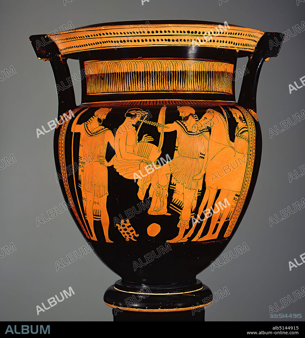 Naples painter, painter of the Louvre Centauromachie, colonette crater (Orpheus and the Thracians, Manteljuveniles), clay, quickly turned, painted, alternately fired, Total: Height: 48 cm, ceramics, history of Orpheus, High Classical (Greek antiquity), The large vessel is a colonette crater, a Greek wine mixing vessel. During the banquet, the symposium, water and wine were mixed in it and from this the participants were served in smaller vessels. The back is decorated with three so-called mantle figures, a typical but simple scene from the repertoire of Attic vase painting. In the center is a bearded man with scepter or stick, opposite him a woman and on the right edge a young man with a stick. The main page shows a scene from Greek mythology. A musician is sitting on a rock in the middle of the scene, absorbed in the play of his lyre. He is dressed in a coat and wears a laurel wreath in his hair. At the back the hair is tied up and falls down at the temples. His audience includes three men with lances, one of whom carries his horse and another sets his foot on the rock. Their clothing consists of short garments that are girded, woven wool coats, caps made of fox fur with animal tails hanging down, and soft boots. This costume is not Greek, but belongs to the Thracians, whose homeland is the rugged area north of Greece. A famous Thracian was the singer Orpheus, the musician in the middle. He enchanted not only humans with his musical talent, but also animals and nature, for which the turtle and the stone under the rock of Orpheus stand. The myth of Orpheus was very popular in classical Athens and was used for many plays, such as those by Aeschylus or Euripides, or representations on vases. The tragic fate of the gifted musician, who lost his wife Eurydice, descended unsuccessfully into the underworld to redeem her, and was finally dismembered by raging women, was fascinating. The Hamburg vase depicts a quiet scene with a withdrawn Orpheus whose countrymen listen to.