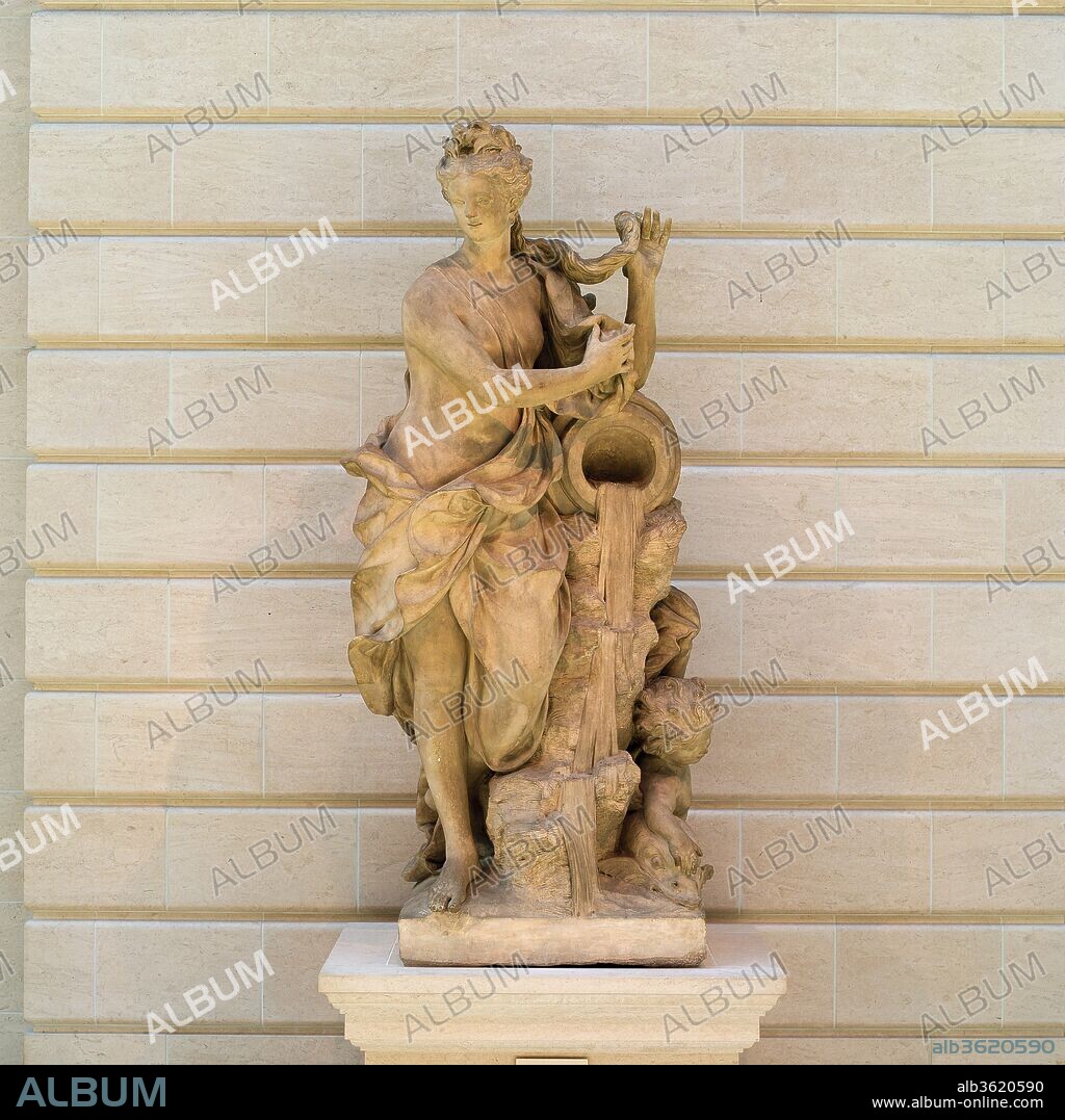 Water. Artist: Probably by Jean-Pierre Defrance (1694-1768). Culture: French, Rouen. Dimensions: Height: 7 ft. 5 in. (226.1 cm). Date: ca. 1750-60.
Lining the rusticated, arched facade of the Henry Kravis wing of the Museum are four larger-than-lifesize Allegories of the Elements, made of limestone (64.93.1-.4). Originally standing in the gardens of the Château de Mussegros near Ecouis in Normandy, the figures can be attributed on stylistic grounds to the sculptor Jean-Pierre Defrance (1694-1768) and are dated around 1750.