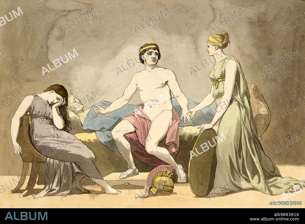 Thetis brings Achilles arms mourning the body of Patroklos, after a painting by Christoffer Wilhelm Eckersberg (January 2, 1783 - July 22, 1853), Historic, digitally restored reproduction from a 19th century original.