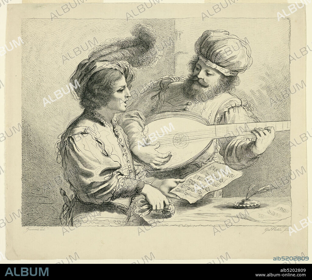 The Singing Lesson, George Noble, British, active 1795 - 1806, Giovanni Francesco Barbieri (called Guercino), Italian, 1591 1666, Engraving in black ink on white paper, A young man to the left of a table holds some music in his hand and sings. An older man plays the mandolin, standing behind the table to the right. More music and pens and ink are on the table., England, ca. 17651785, Print, Print.