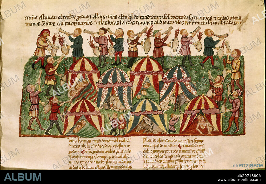 Alba Bible (1420/30) . Judges 7. Gedeon's Victory over the Midianites. Madrid, Duke of Alba's collection.