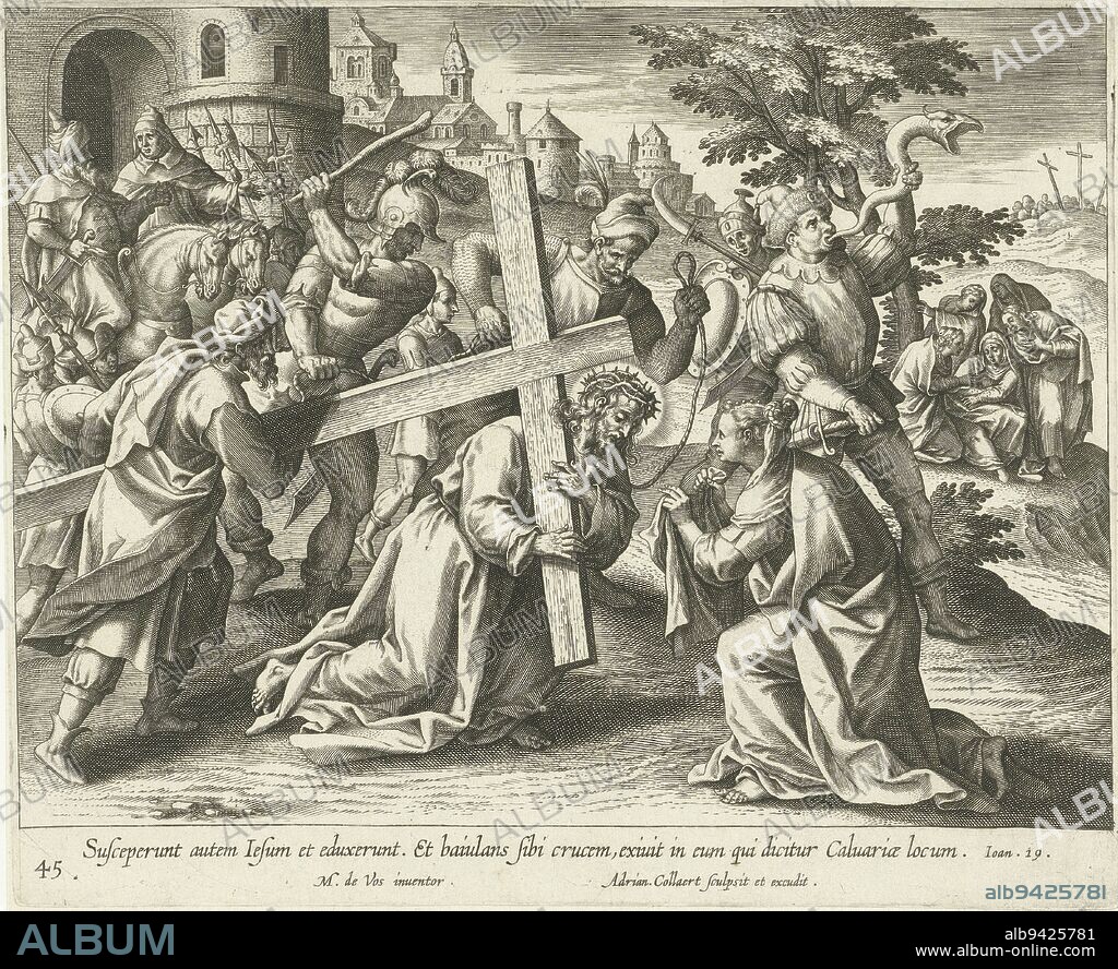 Christ falls with the cross on the way to Golgotha and Veronica offers a cloth to wash off his sweat (John 19:17-18). The print has a Latin caption. The print is part of a series on the life of Christ, Carrying of the Cross Vita, passio et Resvrrectio Iesv Christi (series title) Life, passion and resurrection of Christ (series title), print maker: Adriaen Collaert, (mentioned on object), Maerten de Vos, (mentioned on object), publisher: Adriaen Collaert, (mentioned on object), Antwerp, 1598 - 1618, paper, engraving, h 179 mm × w 220 mm.