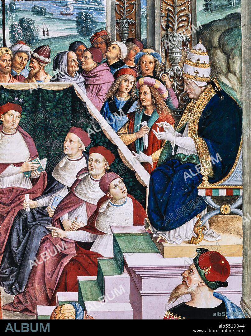The Piccolomini Library, south west wall: Pius II presides over the Diet of Mantua, June1, 1459, the eighth one of the ten stories about Aeneas Sylvius Piccolomini, future Pope Pius II, (1503 - 1508), fresco by Bernardino di Betto, known as Pinturicchio. Detail of Pius II in oratorical attitude. His hands making the enumeratio gesture.