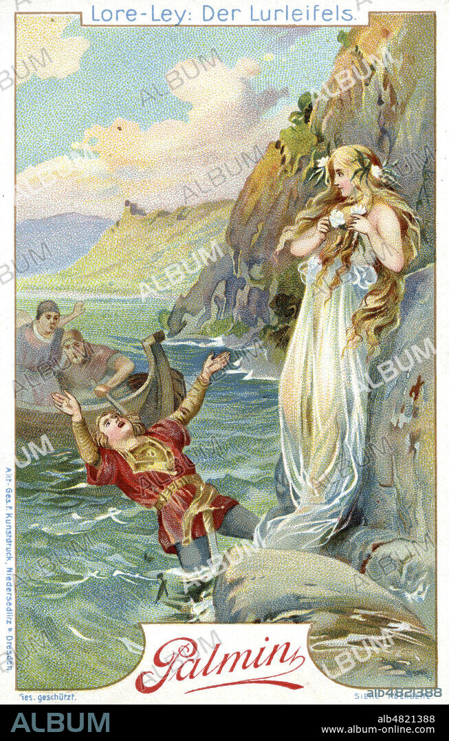 la Nixe du Rhin, la LORELEI, egalement le nom du rocher surplombant le fleuve . Lore-Ley Der Lurleifels "Sagen des Rheins" Serie de chromos publicitaires allemands, sur les perosnnages mythologiques germaniques, situes autour du RHIN; vers 1900. Credit COllection KHARBINE TAPABOR.