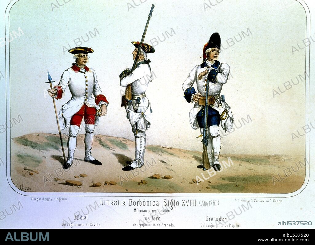 Reinado de Carlos III (1759 a 1788). Oficial, Fusilero y Granadero en el año 1761. Dibujo de Villegas. Lámina número 48 del ALBUM DE LA INFANTERIA ESPAÑOLA del Teniente General Conde de Clonard. Litografía Militar, Madrid, año 1861.