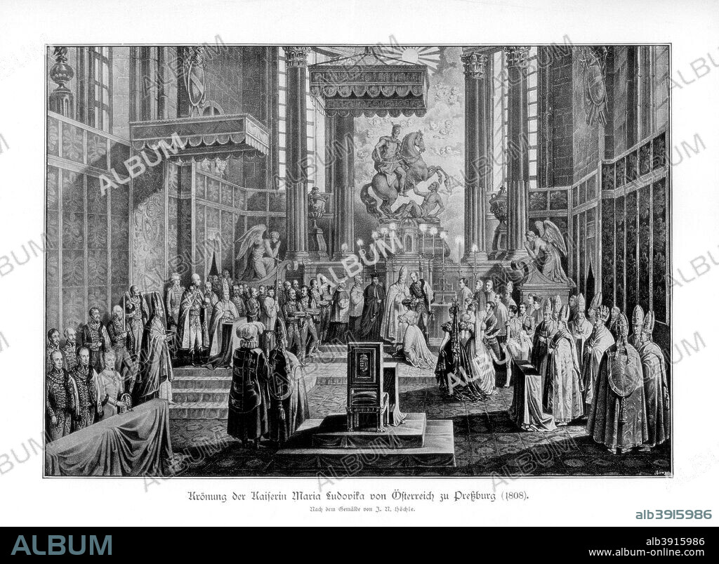 Coronation of the Empress Maria Ludovica of Austria in Pressburg, 1808. Marie Louise, Duchess of Parma (1791-1847) was the second wife of Napoleon Bonaparte.