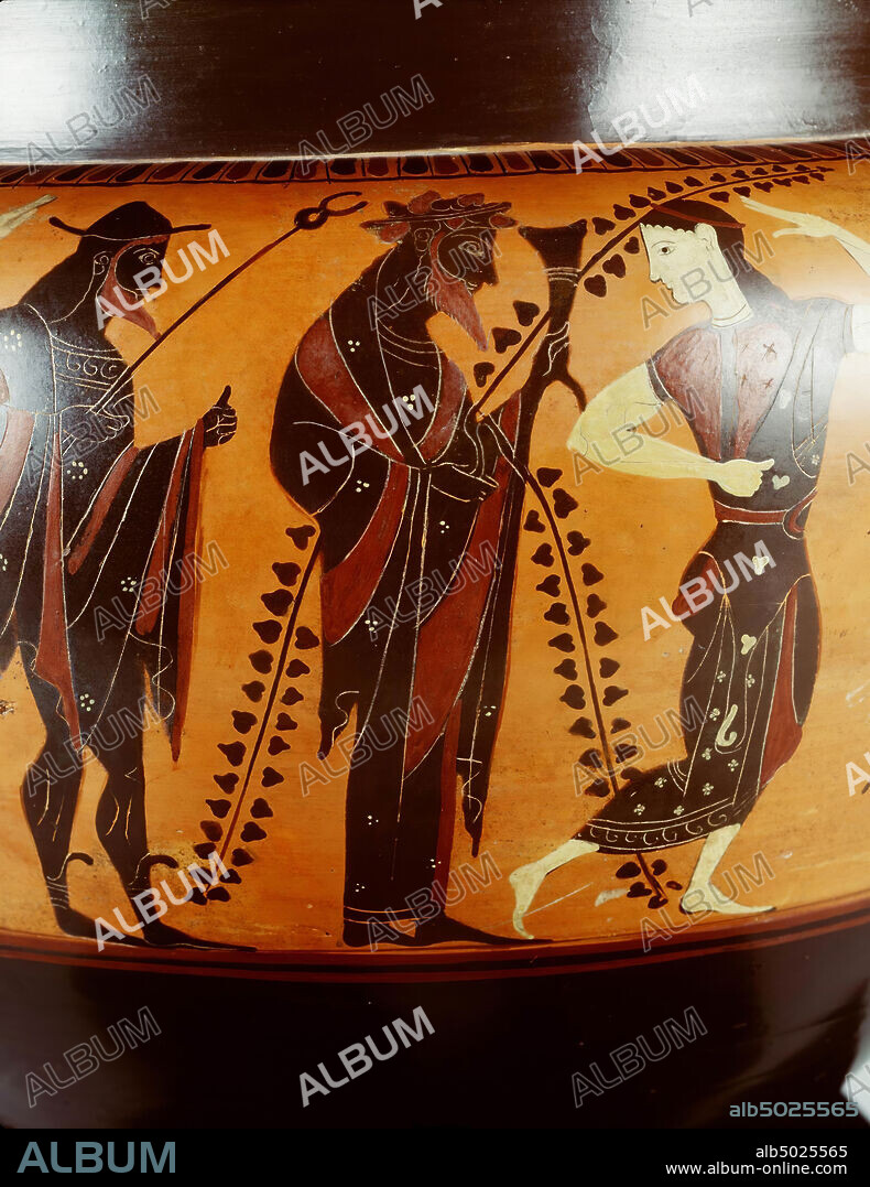 8lackfigure Attic column crater. Decoration of A. Heracles fighting Kyknos and another warrior. To Left and right Athena and woman, B. Dionysos acompanied by Hermes, 2 dancing maenads and a satyr. Related to the Lysippides Painter. Attic black figured colonel crater. A: Herakles in combat with two fighters, one of whom is suffering (Kyknos?). The scene is flanked by Athena on the left and a woman on the right. B: Dionysos, with a lace haros and creeper in hand, with Hermes, two then, vase, crater, colonel crater, earthenware, black-figured, Attic, 39.3 cm, black-figured, white-ground, Attic, Lysippides -525.