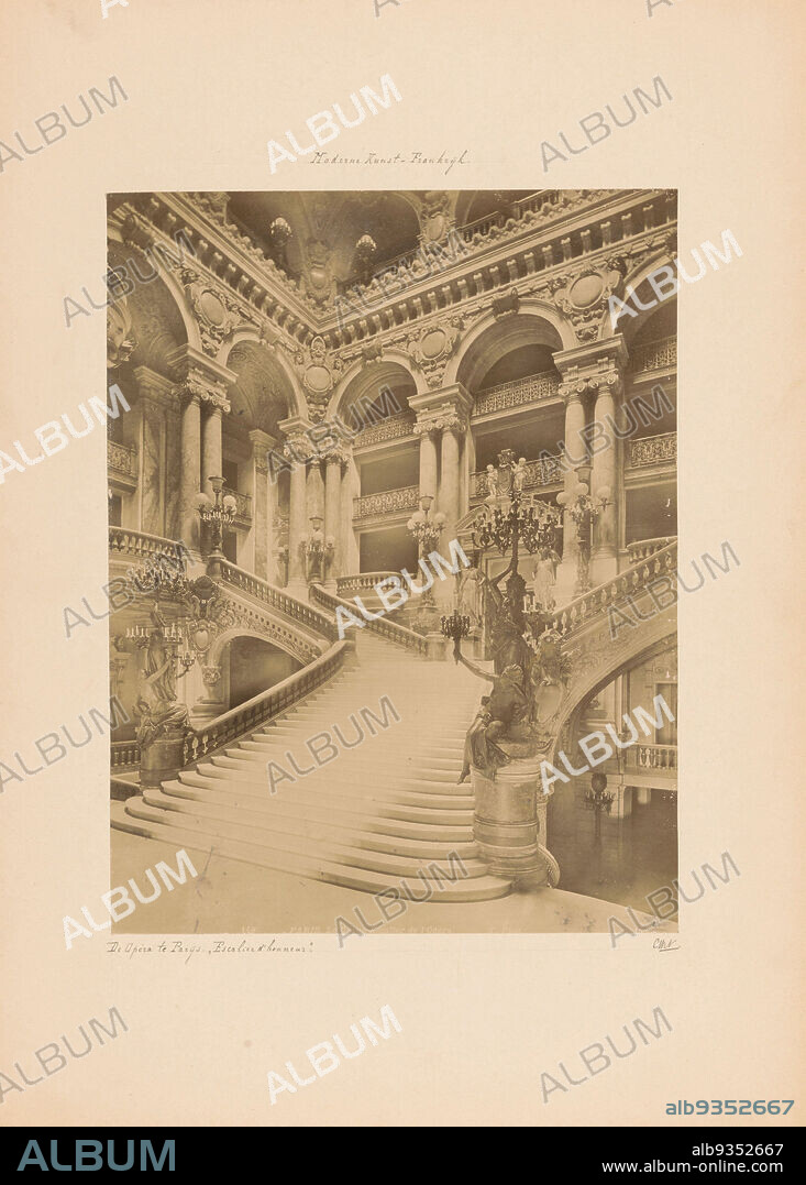 Staircase in the Opéra Garnier in Paris, PARIS. Le Grand Escalier de l'Opéra. (title on object), X phot. (mentioned on object), Opéra de Paris, c. 1875 - c. 1900, cardboard, albumen print, height 272 mm × width 208 mm.
