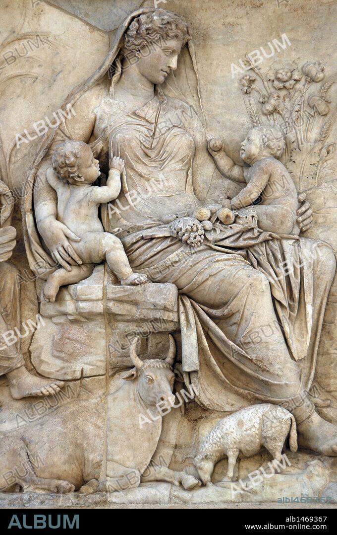 Roman Art. Italy. Ara Pacis Augustae. Tellus panel. Relief depicting Tellus nursing Romulus and Remus. Dated 13 BC. Champ de Mars. Rome.
