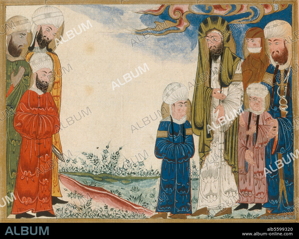 Mohammed. Stifter des Islam. Um 570 - 632. - Mohammed, seine Tochter Fatima (606 - 632), sein Vetter Ali ibn Abi Talib (Vetter u. durch Heirat mit Fatima Schwiegersohn Mohammeds) und seine beiden Enkel al-Hasan u. al-Husain. Miniatur aus einer arab. Handschrift, 18. Jh. ("Chronologie" von al-Biruni). Ms. Arabe 1489, folio 86. Paris, Bibliothèque Nationale.