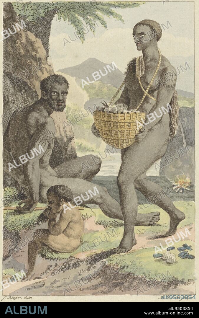 A family sits in front of their hut near a tree. They are naked. The woman carries a basket of shells around her neck. Residents of Tasmania Van Diemen Landers , print maker: Ludwig Gottlieb Portman, (mentioned on object), intermediary draughtsman: Jacques Kuyper, (mentioned on object), Amsterdam, 1803, paper, etching, h 247 mm × w 162 mm.