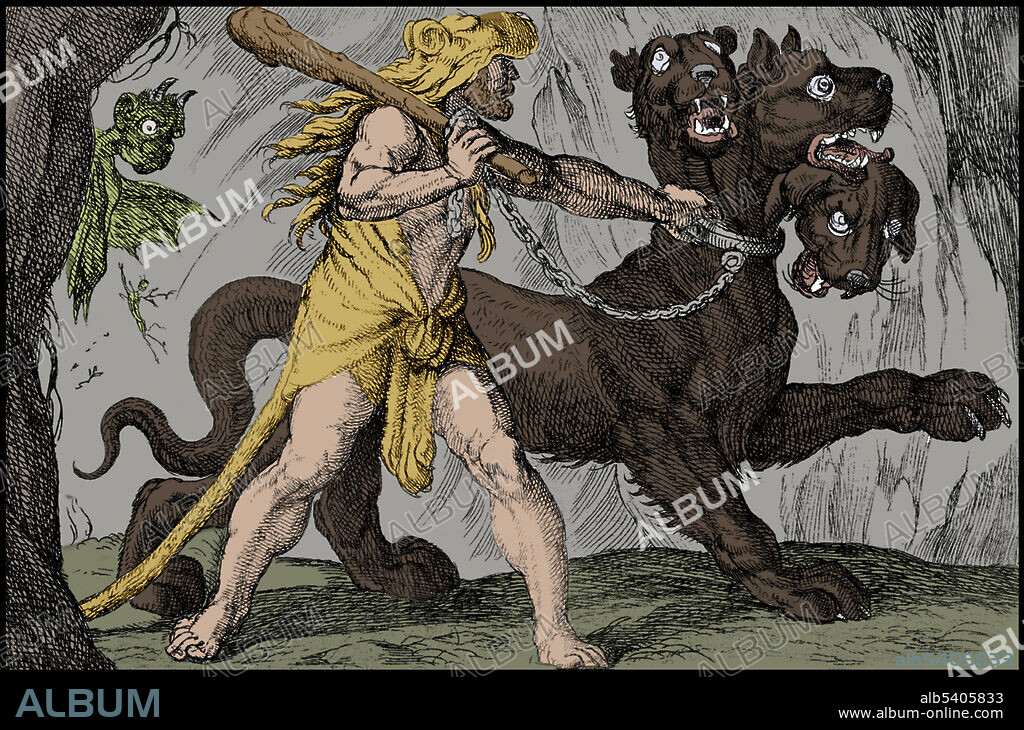 Hercules and Cerberus: Hercules grasps the collar of Cerberus while two demons appear at left. The Twelve Labors of Heracles (Hercules) are a series of episodes concerning a penance carried out by the Greek hero Heracles, whose name was later Romanized as Hercules. The establishment of a fixed cycle of twelve labors was attributed by the Greeks to an epic poem, now lost, written by Peisander, dated about 600 BC. After Hercules killed his wife and children, he went to the oracle at Delphi, and prayed to the god Apollo for guidance. Hercules was told to serve the king of Mycenae, Eurystheus, for 12 years. During these 12 years, he is sent to perform twelve difficult feats, called labors. If he succeeded, he would be purified of his sin and, as myth says, he would be granted immortality.