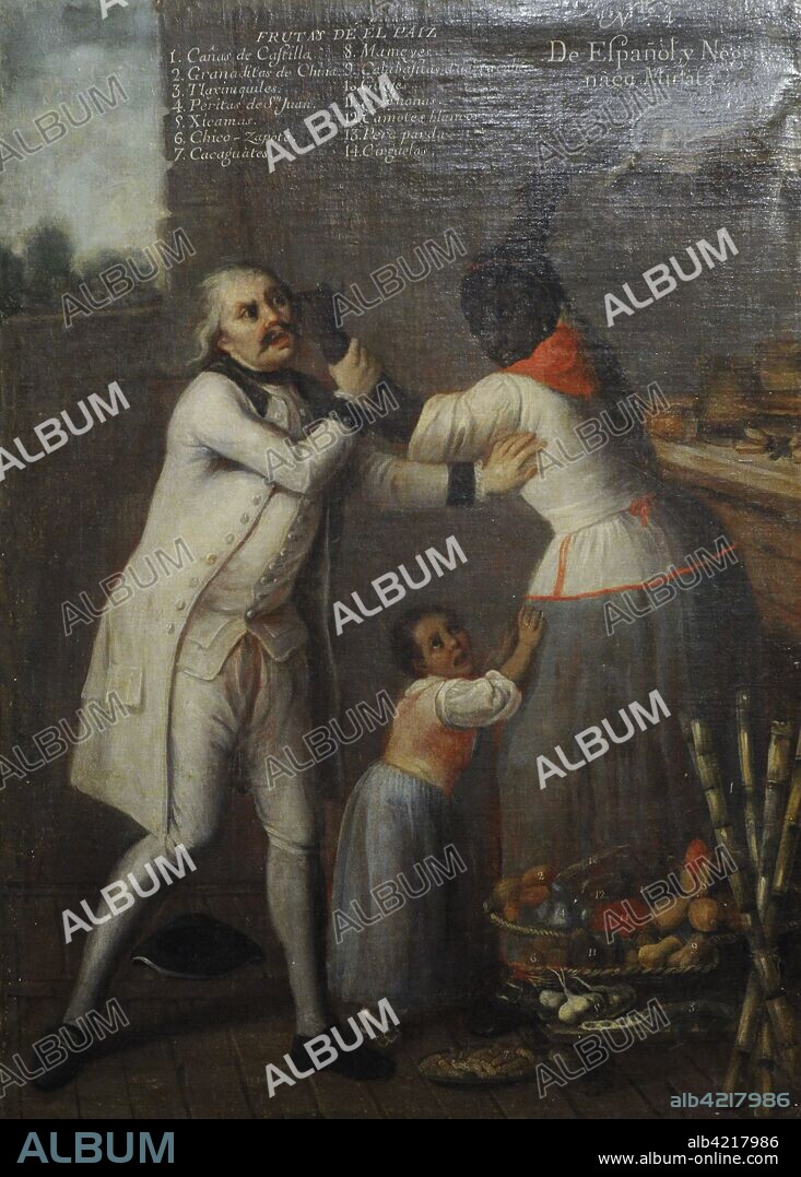 Andres de Islas (painter active during the second half of the 18th century). Castas, No. 4. De espa–ol y negra, nace mulata (From Spaniard and Black, a Mulatta is born), 1774. Oil on canvas (75 x 54 cm). Mexico. Viceroyalty of New Spain. Museum of the Americas. Madrid, Spain.