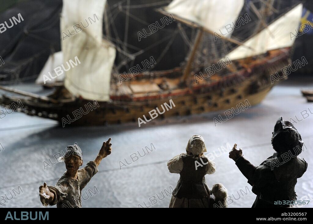 Warship Vasa. Built 1626-1628. Model with sinking recreation. Vasa Museum. Stockholm. Sweden.