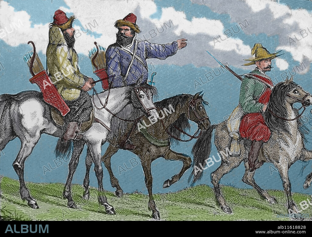 Turkic peoples.  The Bashkirs. Ethnic group to Russia. Engraving, 19th century.