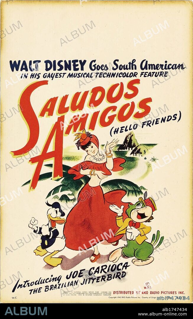 Plakat zu SALUDOS AMIGOS, 1942, unter der Regie von HAMILTON LUSKE, JACK KINNEY und WILFRED JACKSON. Copyright WALT DISNEY PRODUCTIONS.