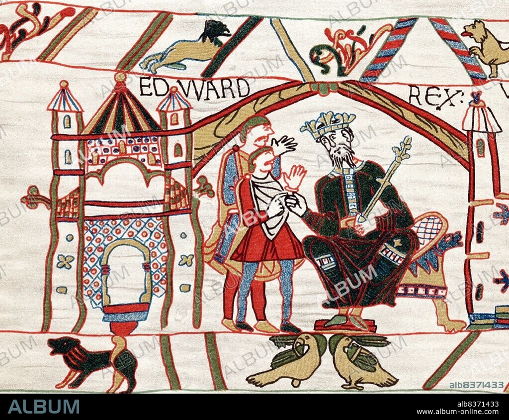 Edward the Confessor(1003 5 January 1066), also known as Saint Edward the Confessor, was among the last Anglo-Saxon kings of England, and usually considered the last king of the House of Wessex, ruling from 1042 to 1066.<br/><br/>. Between 1042 and 1052 Edward the Confessor began rebuilding St Peter's Abbey in London to provide himself with a royal burial church. It was the first church in England built in the Romanesque style. The building was not completed until around 1090 but was consecrated on 28 December 1065.<br/><br/>. The only extant depiction of Edward's abbey, together with the adjacent Palace of Westminster, is found in the Bayeux Tapestry.