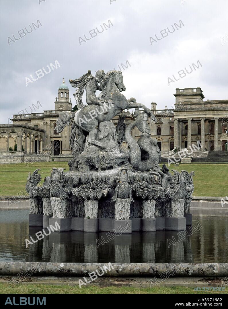 Detail of Perseus and Andromeda Fountain at the south front of Witley Court, Great Witley, Hereford and Worcester, 1996. The house, now in ruins, is surrounded by landscaped gardens by W Nesfield containing a number of  immense stone fountains. This is the largest, and once shot water 120 feet skywards with 'the noise of an express train'. Witley Court was an early Jacobean manor house, which was converted in the 19th century into a vast Italianate mansion with porticoes by John Nash.