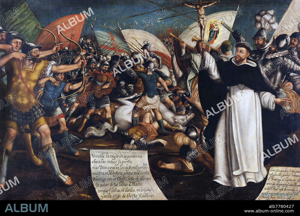 Albigensian Crusade / Cathar crusade. Acero de la Cruz, Antonio (1600-1667). Columbian painter. "Saint Dominic de Guzmán in the Battle of Muret". Representation from the Battle of Muret, the 12 September 1213, when the crusade Simon de Monfort fought against Peter II from Aragon, defender of the Cathars. Oil on canvas, 1651. Bogota, Colonial Museum.