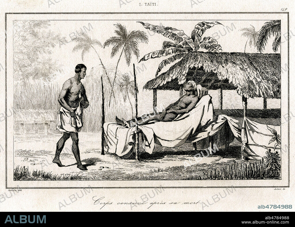 Corps conserve apres sa mort a Tahiti. Illustration de 1836 par DANVIN (1802-1842) pour 'Oceanie, L'Univers pittoresque, histoire et description de tous les peuples...', par DOMENY de RIENZI (1789-1843). Credit : Collection Jonas/KHARBINE-TAPABOR.