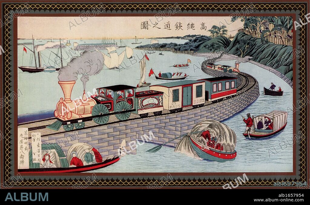 Train crossing a causeway across a bay on the Takanawa Railroad, Japan, c1880. From a picture by a Japanese artist.  (Photo by: Universal History Archive/UIG via Getty Images).