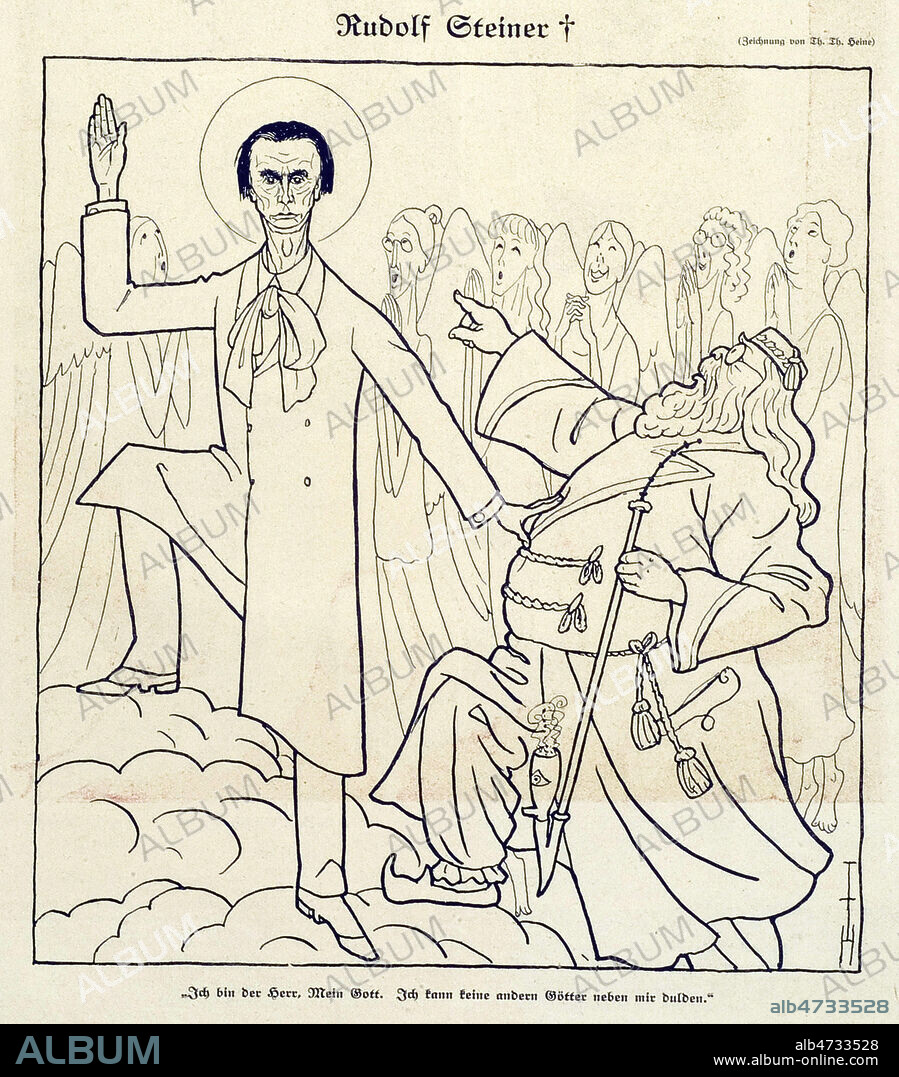'Mort de Rudolf STEINER (1861-1925)' : ' Je suis le maitre, mon Dieu. Je ne peux n'avoir aucun autres Dieux a mes cotes.' Illustration de Thomas Theodor HEINE (1867-1948) pour Simplicissimus du 20 avril 1925. Credit : Coll. Dixmier/KHARBINE-TAPABOR.