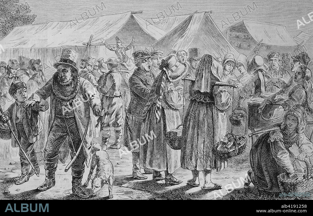 yearly Fair in Mecklenburg, Germany, country people have come to the market, trade, illustration from the 19th century.