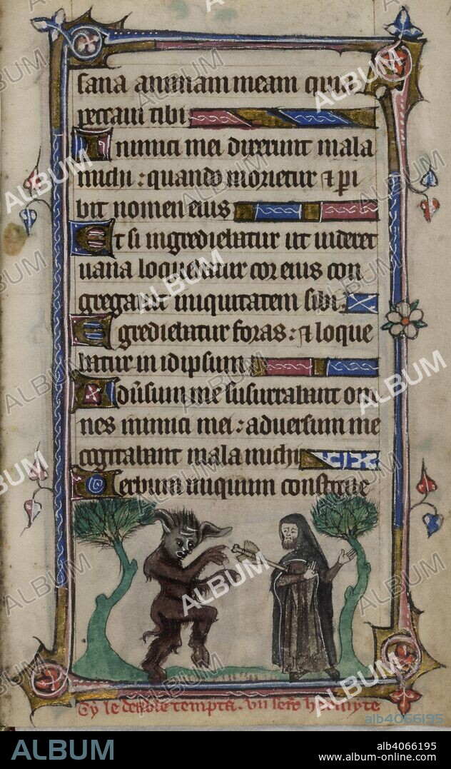 Bas-de-page scene of the Thrice-Sinning hermit, who has been struck by a large arrow thrown by the devil, with a caption reading, â€˜Cy le deable tempta un se[i]nt hermyteâ€™ . Book of Hours, Use of Sarum ('The Taymouth Hours'). England, S. E.? (London?); 2nd quarter of the 14th century. Source: Yates Thompson 13, f.176. Language: Latin and French.