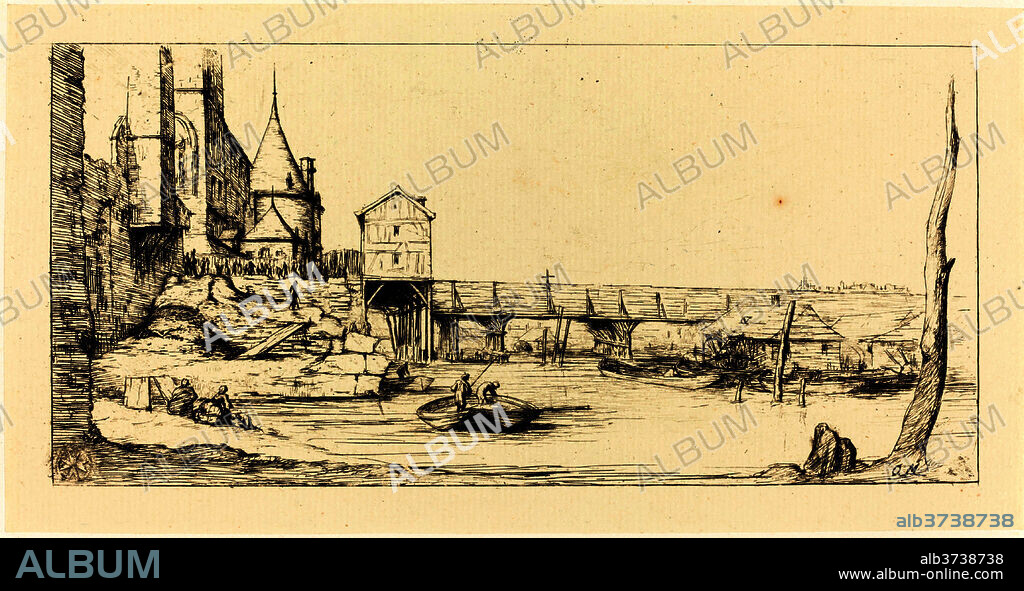 CHARLES MERYON AFTER STEFANO DELLA BELLA. Passerelle du Pont-au-Change, Paris, après l'Incendie de 1621 (Footbridge Temporarily Replacing the Pont-au-Change, Paris, after the Fire of 1621). Dated: 1860. Medium: etching on papier colle.
