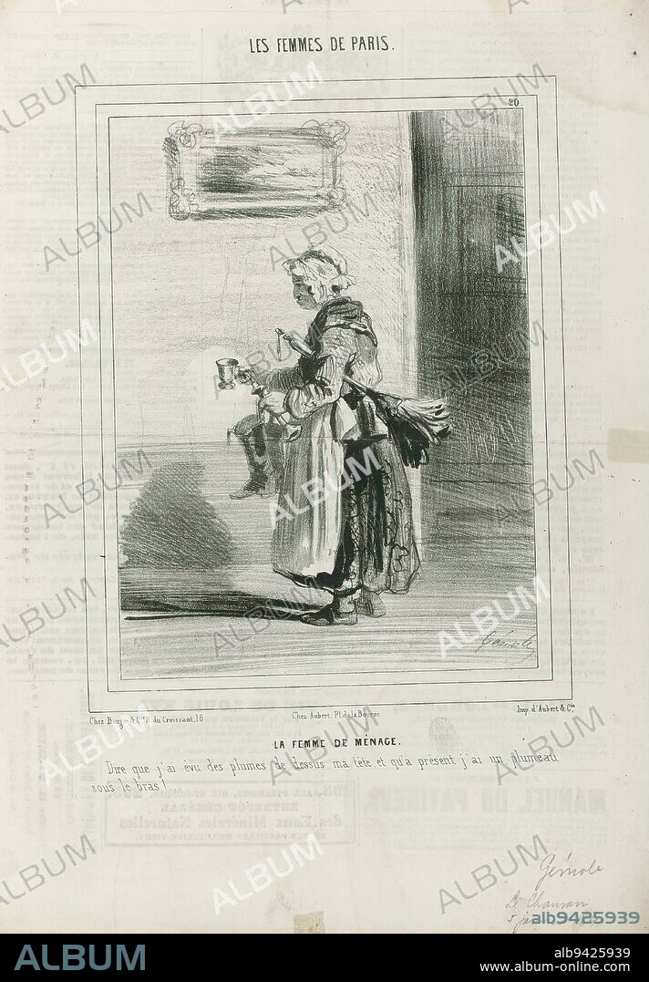 Le Charivari, Les femmes de Paris, 5 janvier 1841, No. 20 : La femme de ménag (...), Cleaner with feather duster under arm., print maker: anonymous, after design by: Alfred André Géniole, (mentioned on object), publisher: Aubert & Cie., (mentioned on object), Paris, 1841, paper, height 363 mm × width 261 mm.