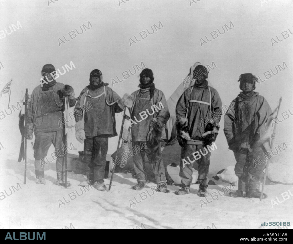 Expedition members Edward A. Wilson, Robert F. Scott, Edgar Evans, Lawrence Oates, and Henry Robertson Bowers at the South Pole standing in front of Roald Amundsen's tent. The first expedition to reach the geographic South Pole was led by the Norwegian explorer Roald Amundsen. He and four others arrived at the pole on December 14, 1911, five weeks ahead of a British party led by Robert Falcon Scott's Terra Nova Expedition. Amundsen and his team returned safely to their base, and later learned that Scott and his four companions had died on their return journey. Printed from a negative recovered when the bodies were found.