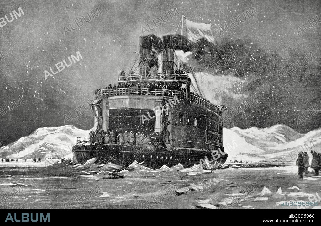 Russo-Japanese War (1904-1905). The icebreaker Baikal transports Russian troops across Lake Baikal. South of Siberia. Engraving in "La Ilustracion Espanola y Americana", 1904.