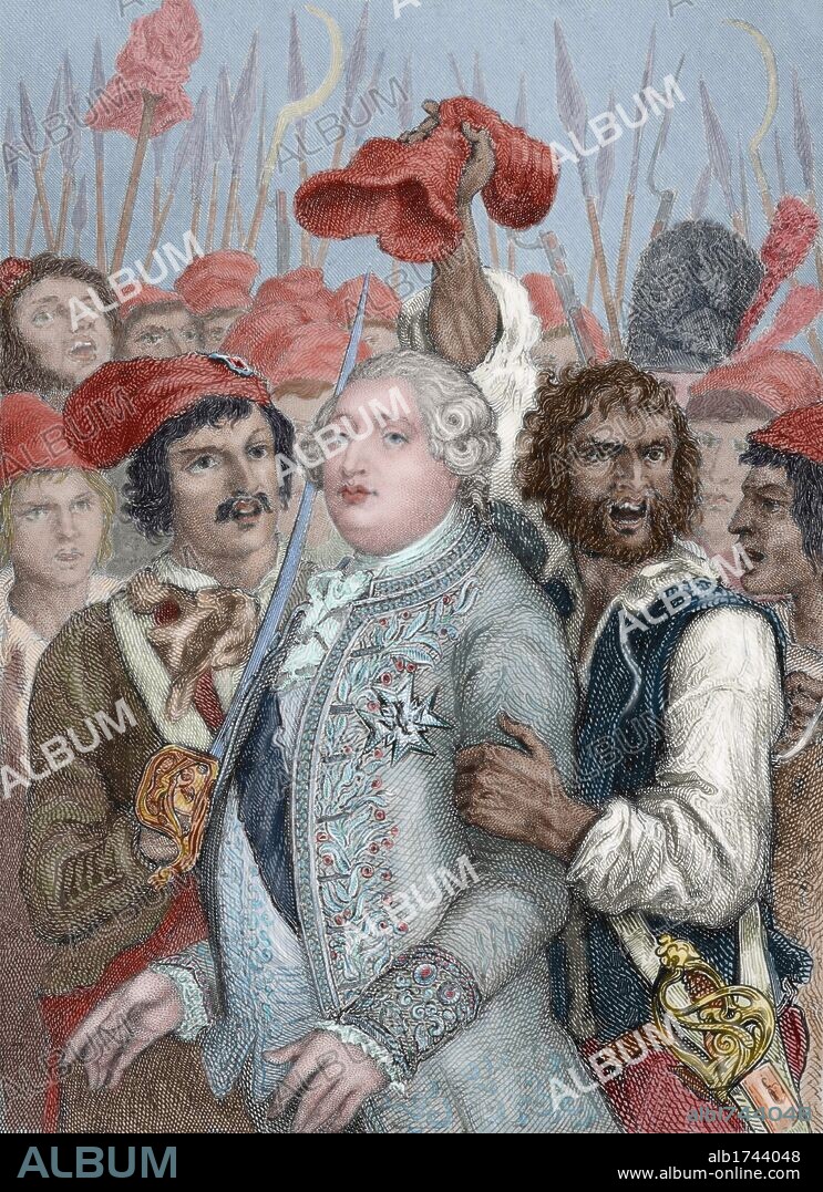 REVOLUCION FRANCESA (1789-1799) "ASALTO A LAS TULLERIAS". En el año 1792 el pueblo parisino invadió las Tullerías, exigiendo al rey Luís XVI la aprobación de los decretos decididos en la Asamblea Legislativa. Grabado de J. Smith. Coloreado.