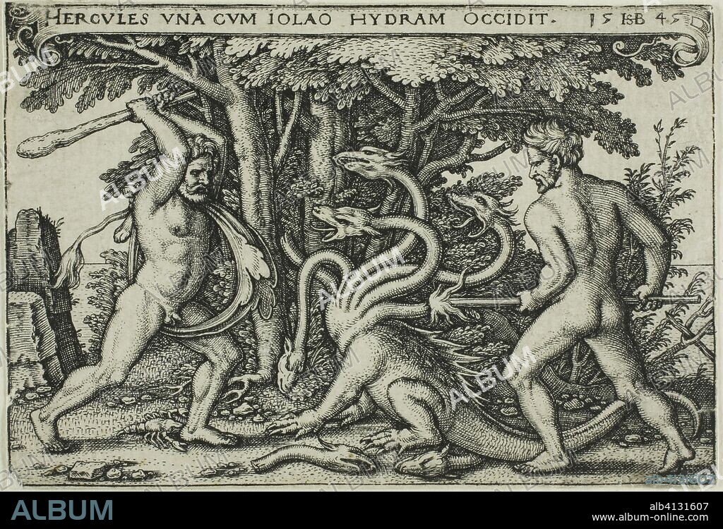 HANS SEBALD BEHAM. Hercules and the Hydra, from The Labors of Hercules. Sebald Beham; German, 1500-1550. Date: 1545. Dimensions: 52 x 77 mm (image/sheet, trimmed to plate mark). Engraving in black on ivory laid paper. Origin: Germany.