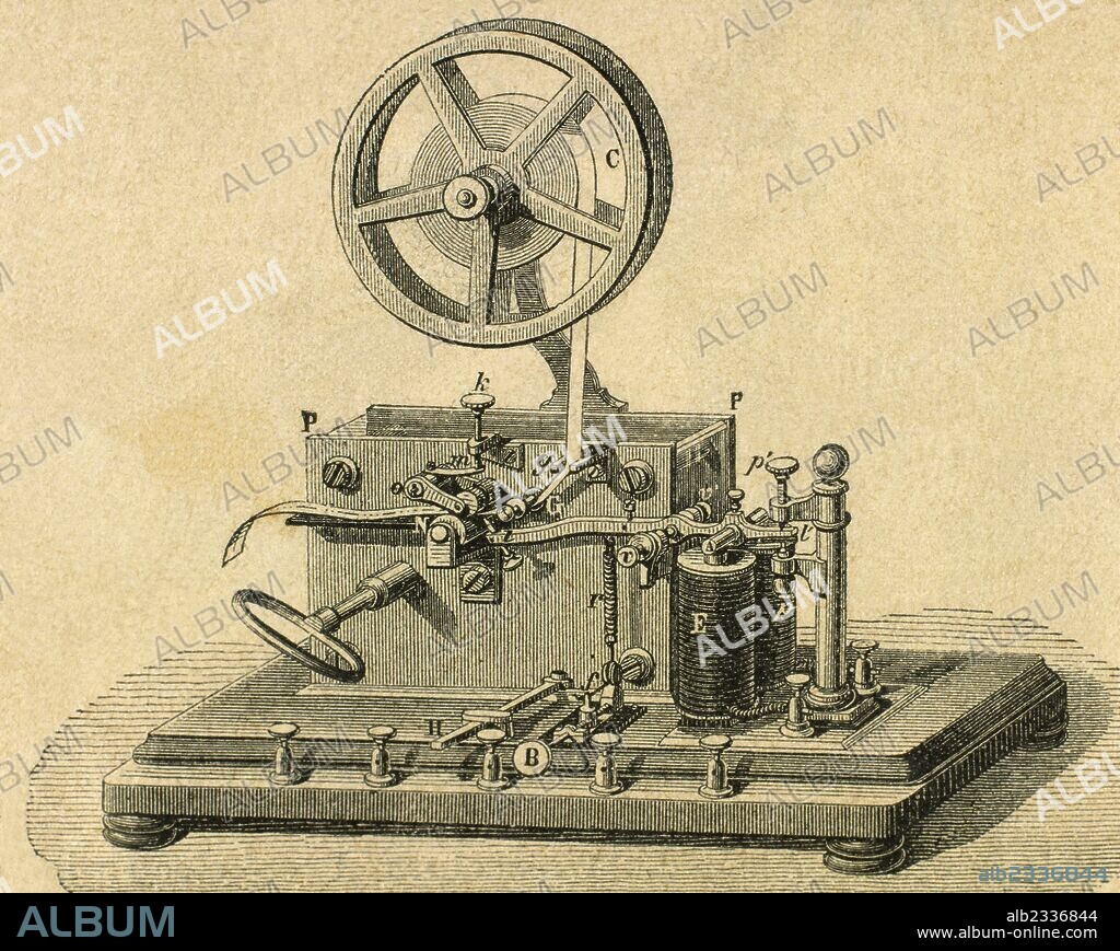 Morse System. Morse telegraph reciever. Engraving 19th century.