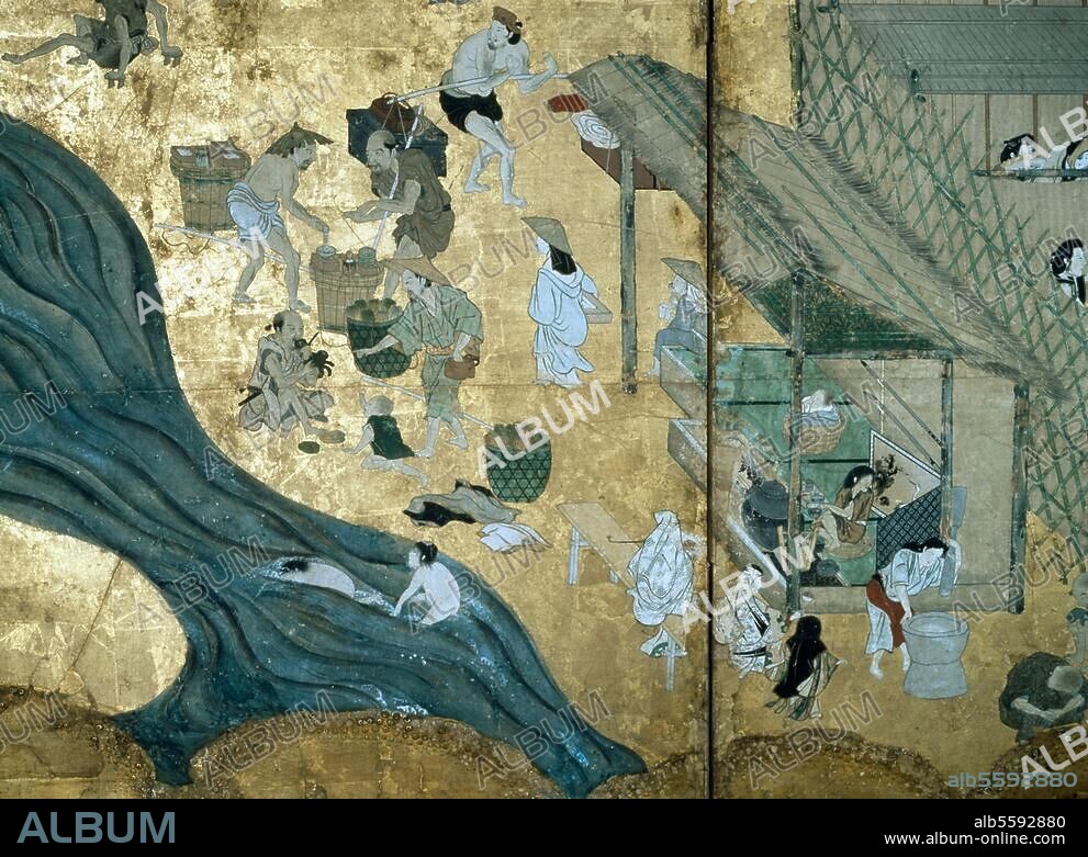 Japanisch, späte Muromachi-Zeit (1333-1573). Marktstand und Badende. Ausschnitt aus einem bemalten Wandschirm mit Darstellung von Szenen am Shijo Gawa in Kyoto. Kyoto, Kongo Nogakudo.