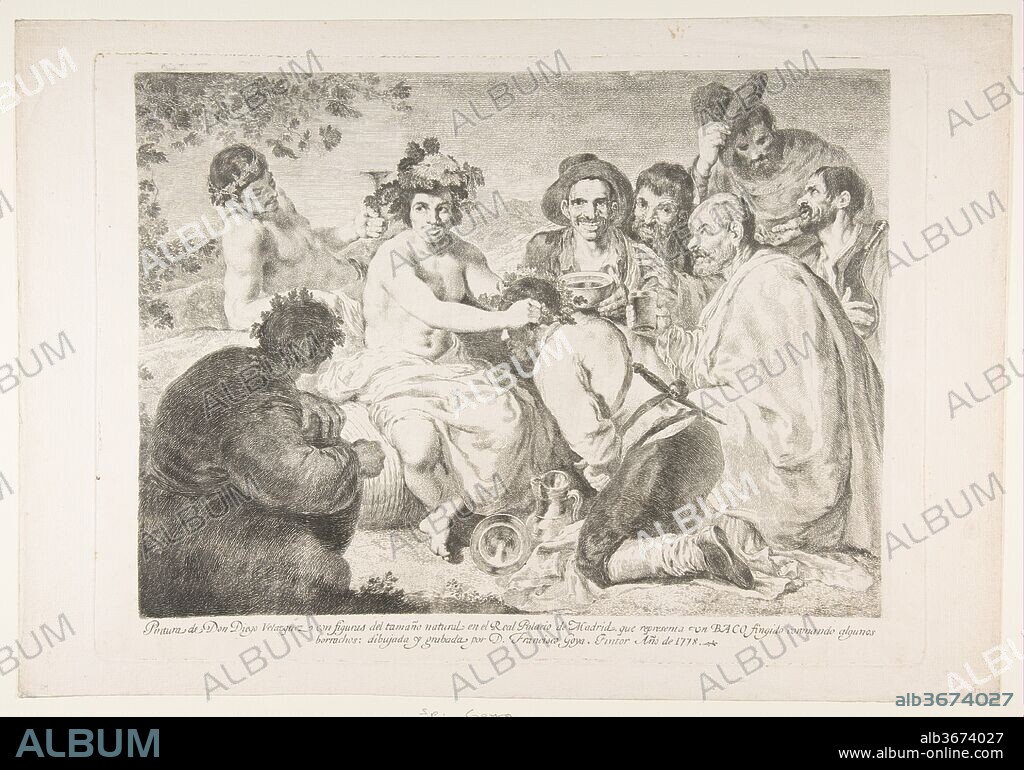 The Drunkards, after Velázquez. Artist: Goya (Francisco de Goya y Lucientes) (Spanish, Fuendetodos 1746-1828 Bordeaux); After Velázquez (Diego Rodríguez de Silva y Velázquez) (Spanish, Seville 1599-1660 Madrid). Dimensions: Plate: 12 1/2 × 16 15/16 in. (31.7 × 43.1 cm)
Sheet: 14 1/8 × 16 1/4 in. (35.8 × 41.3 cm). Date: 1778.