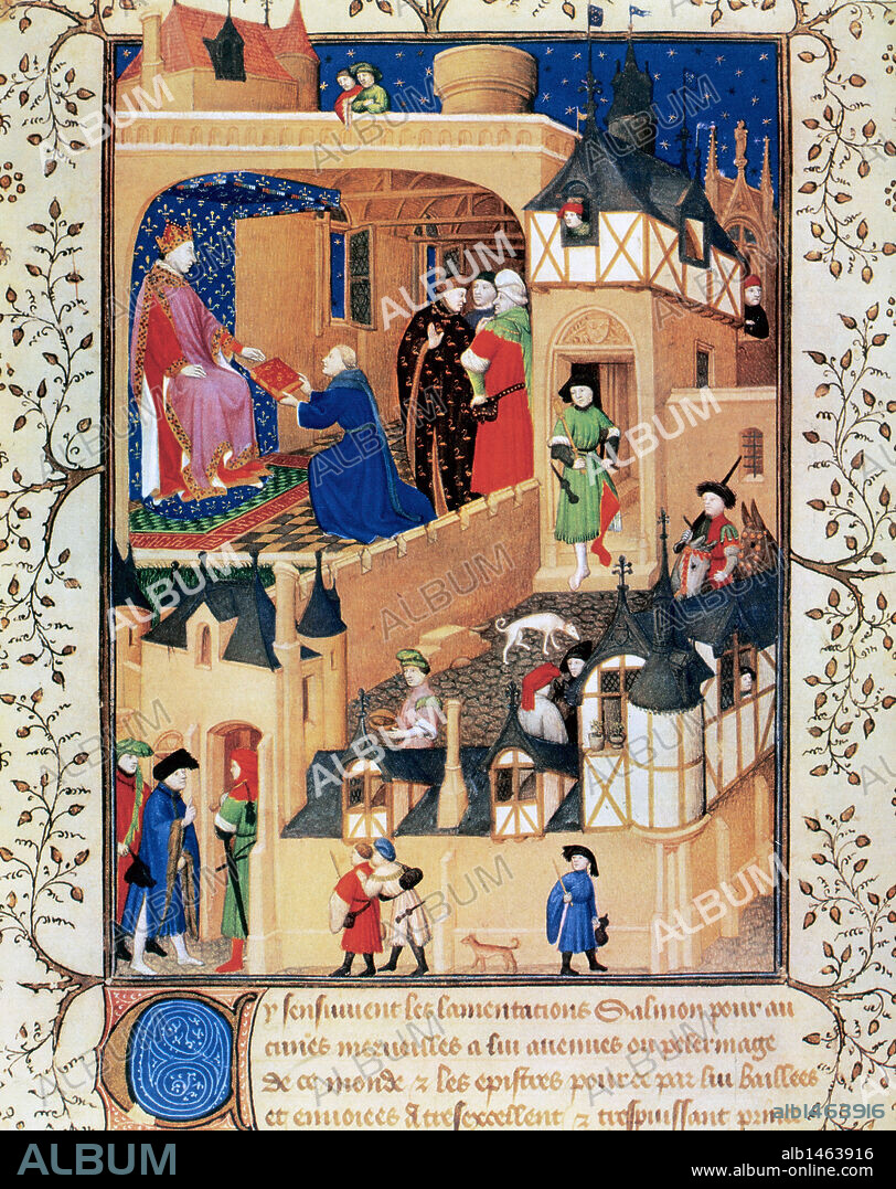 CARLOS VI 'El Bienamado' o 'El Loco' (1368-1422). Rey de Francia (1380-1422), hijo de Carlos V. S. XIV-XV (S. XIV-S. XV). PIERRE SALOMON OFRECE AL REY DE FRANCIA CARLOS VI EL LIBRO 'REPONSE ET LAMENTATION AU ROI SUR SON ETAT' (1409). Miniatura. Biblioteca Nacional. París. Francia.