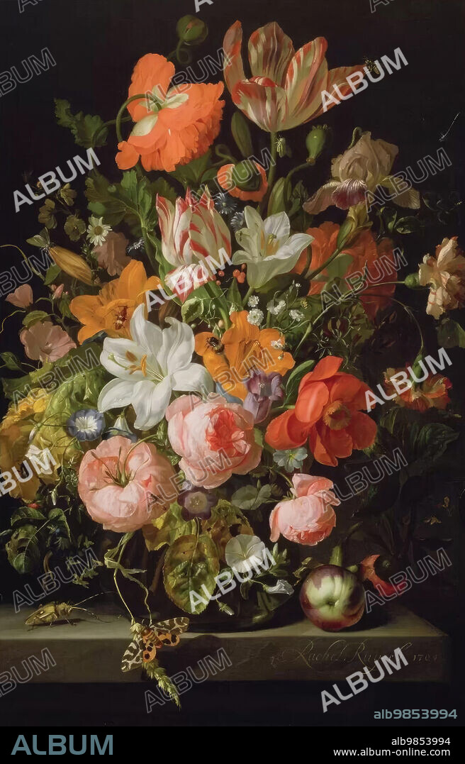 Rachel Ruysch/ Still life of roses, lilies, tulips and other flowers in a glass vase, 1704.