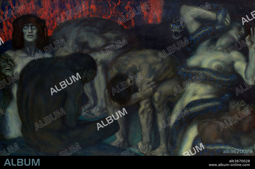 Inferno. Artist: Franz von Stuck (German, Tettenweis 1863-1928 Munich). Dimensions: 50 3/4 × 82 1/2 in. (128.9 × 209.6 cm). Date: 1908.

This painting's title refers to Dante Alighieri's medieval epic of a journey through hell. Although Stuck employed traditional symbols of the underworld--a snake, a demon, and a flaming pit--the dissonant colors and stylized, exaggerated poses are strikingly modern. He designed the complementary frame. Stuck's imagery was likely inspired by Auguste Rodin's <i>The Gates of Hell</i>, particularly the figure of <i>The Thinker</i> (see related works nearby). When <i>Inferno</i> debuted in an exhibition of contemporary German art at The Met in 1909, critics praised its "sovereign brutality." The picture bolstered Stuck's reputation as a visionary artist unafraid to explore the dark side of the psyche.