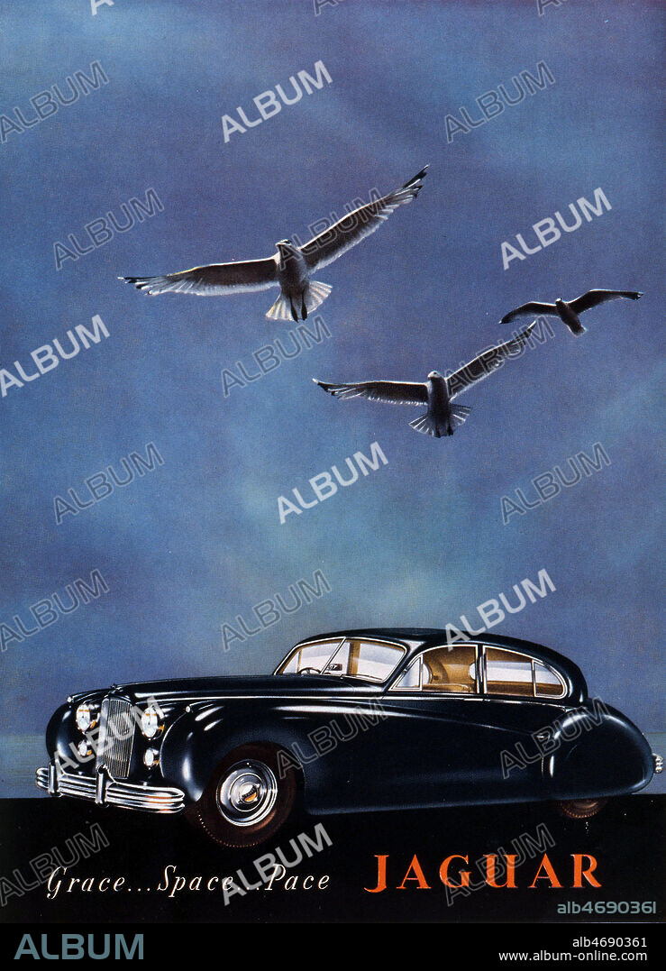 'Grace... Space... Pace'. Publicite de 1952 pour les automobiles JAGUAR publiee dans Sketch Pluristimes. Credit : Collection Jonas/KHARBINE-TAPABOR.