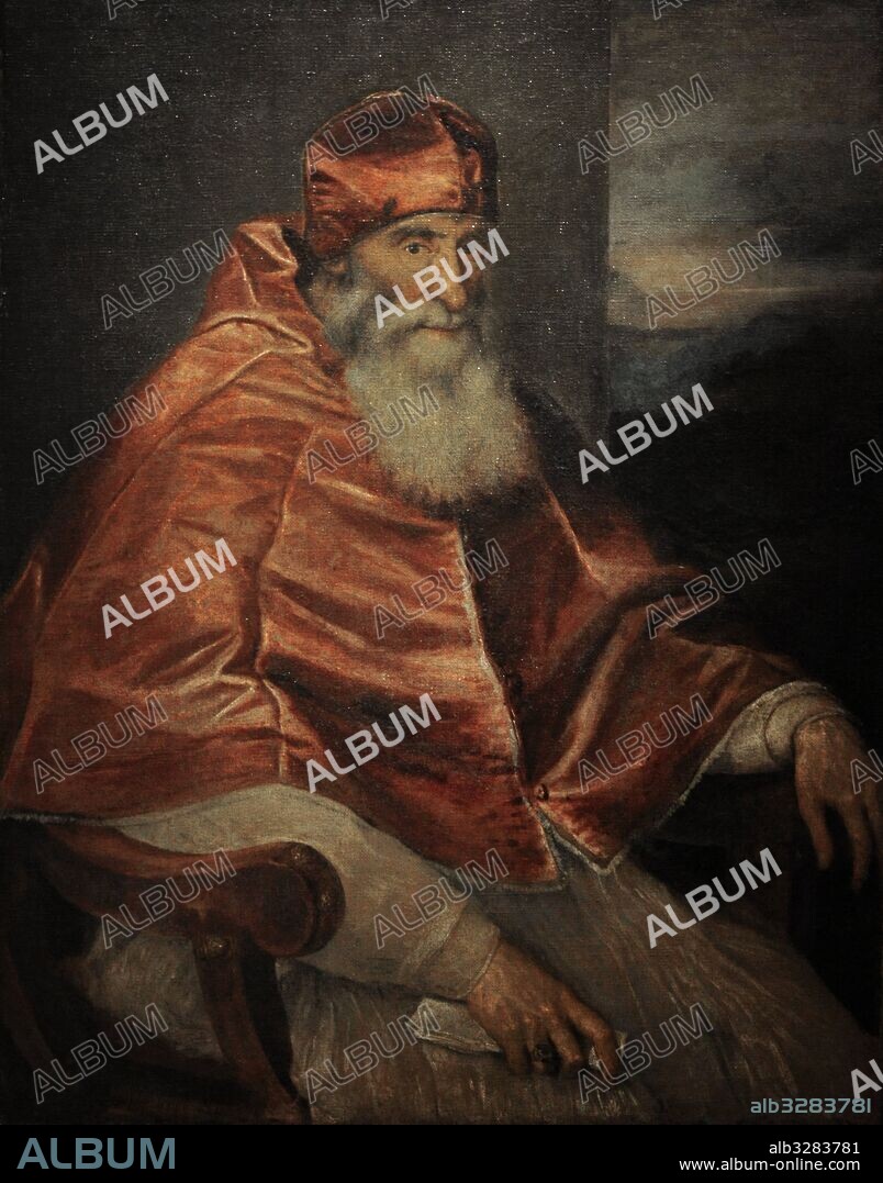 Pablo III (1468-1549). Papa italiano, de nombre Alessandro Farnese. Pablo III con el camauro, 1945-1946. Retrato por Vecellio di Gregorio Tiziano (h.1490-1576). Colección Farnese. Museo de Capodimonte. Nápoles. Italia.