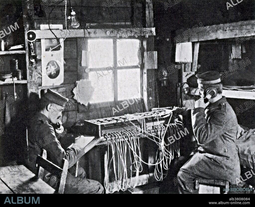 Telephones were used extensively in WW1 because radio sets were large, heavy, expensive, in short supply, affected by weather, and could only be used for telegraph codes instead of voice communication. As the distances of guns increased, the telephone was particularly valuable to artillery forces, but the wires laying on the ground where they could be cut ot destroyed were a weakness. On the Western Front, the telephone allowed armies spread over great distances to coordinate unit activity. Carrier pigeons and motorcycle couriers were also used, but the telephone was the fastest. No date or location available.