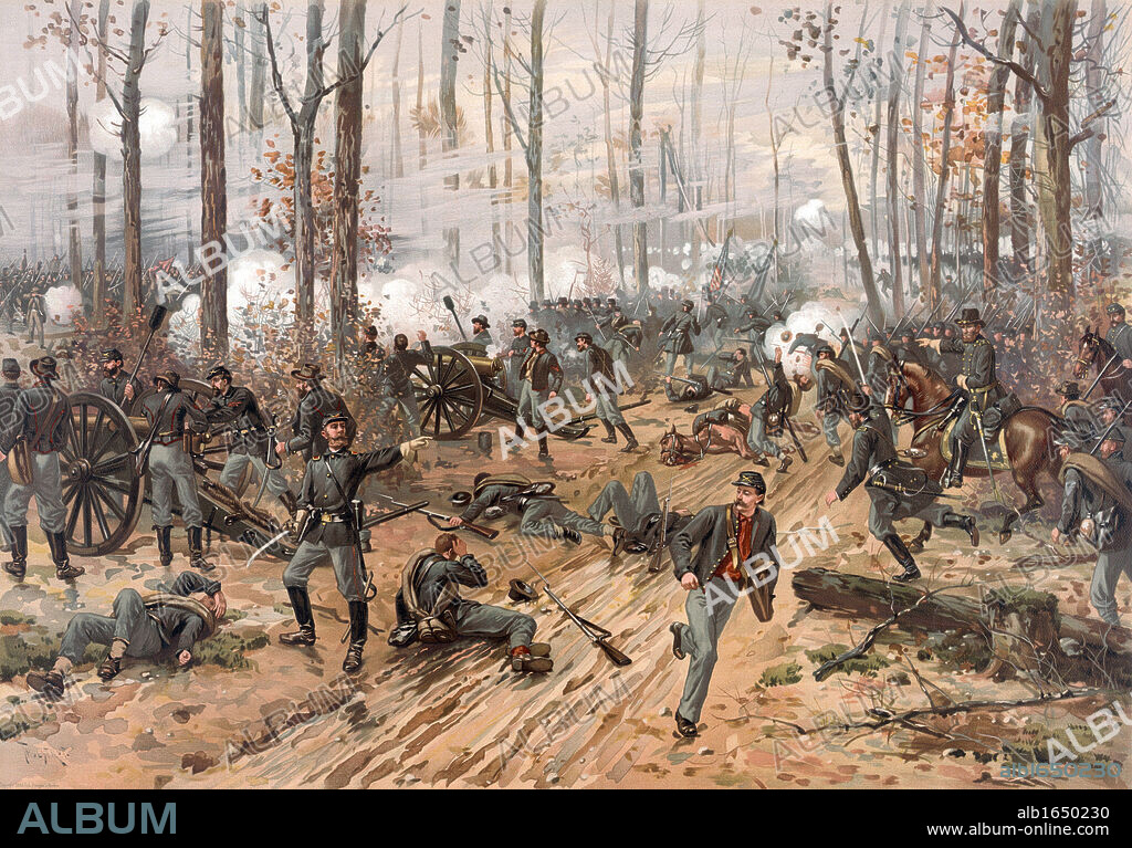 Battle of Shiloh (Battle of Pittsburgh Landing), Tennessee, 6-7 April 1862. Major battle in American Civil War 1861-1865. Ulysses Grant directing his Union troops to victory against the Confederates. After painting by Thure de Thulstrup.