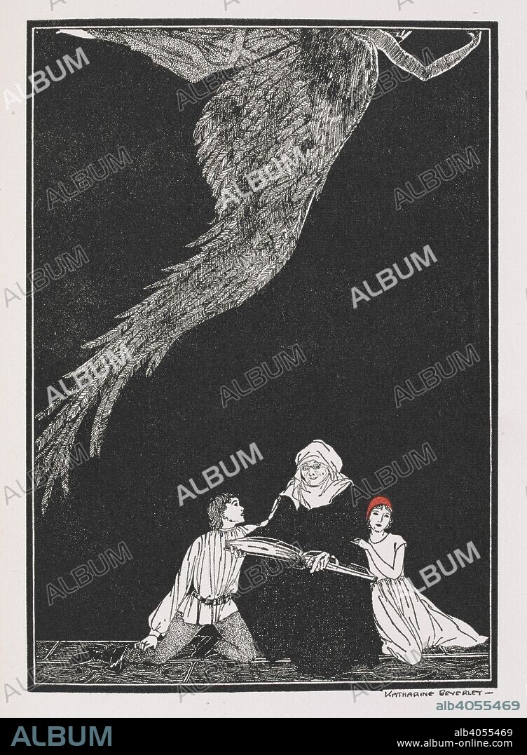 HANS CHRISTIAN ANDERSEN and KATHERINE BEVERLEY. Gerda and Kay sitting with their grandmother.  Illustration for the seventh story, of the Snow Queen's castle and what happened there at last.' . The snow queen / Hans Christian Andersen ; drawings by Katharine Beverley and Elizabeth Ellender. New York, N.Y. : E.P. Dutton, c1929. Source: YD.2004.b.454 after page 205.